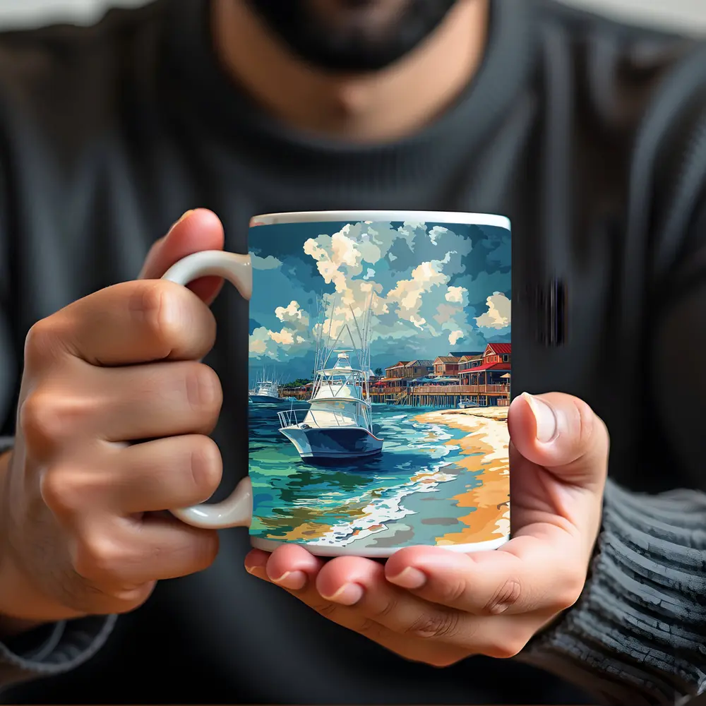 Sport Fishing Boat Sandy Beach Coastal Town – Mugs