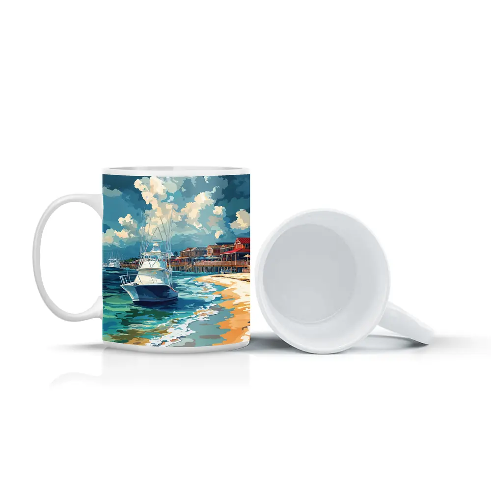 Sport Fishing Boat Sandy Beach Coastal Town – Mugs