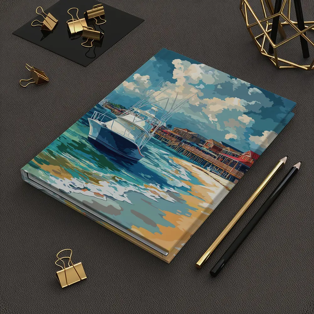 Sport Fishing Boat Sandy Beach Coastal Town – Notebooks