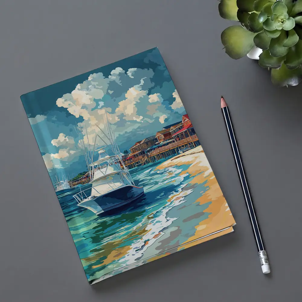 Sport Fishing Boat Sandy Beach Coastal Town – Notebooks