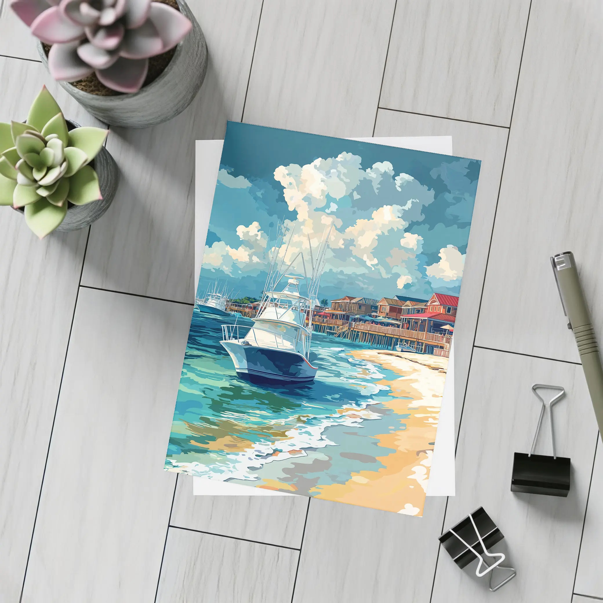 Sport Fishing Boat Sandy Beach Coastal Town – Postcards