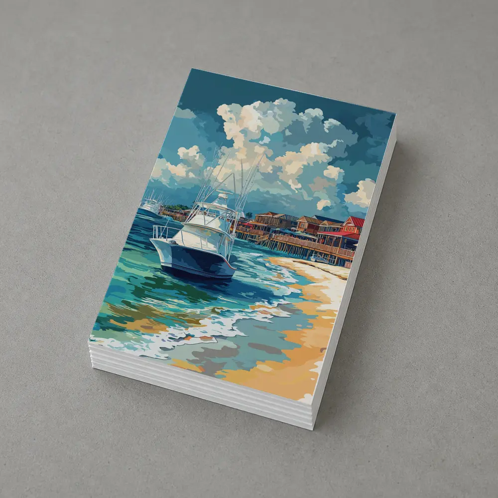 Sport Fishing Boat Sandy Beach Coastal Town – Postcards