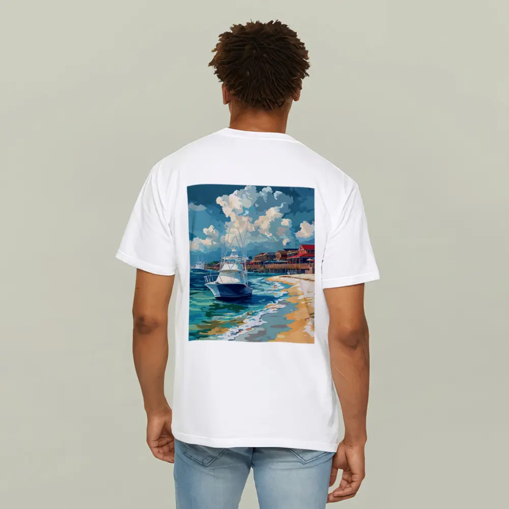 Sport Fishing Boat Sandy Beach Coastal Town – T-Shirts