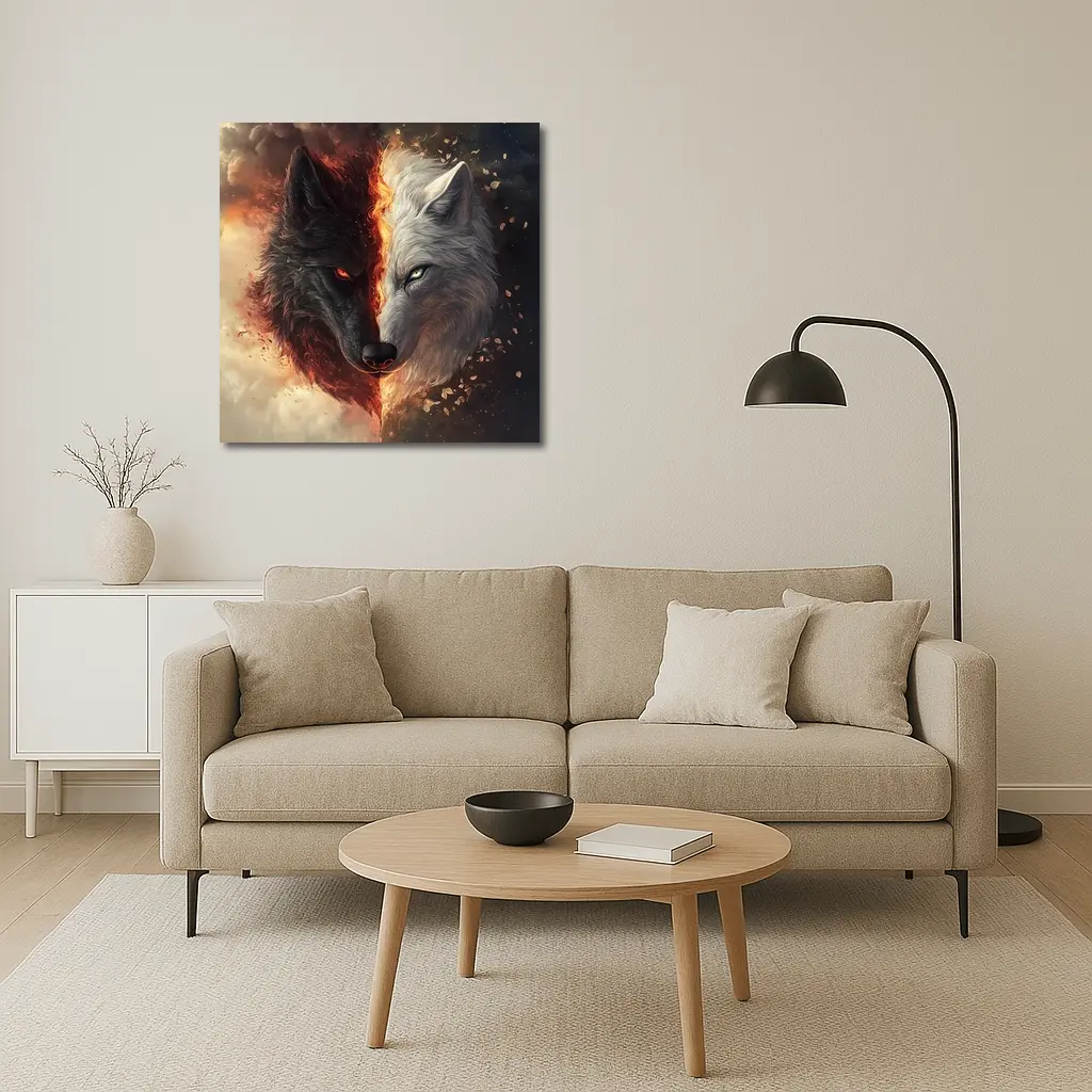 Dark And Light Wolf Fire Fantasy Art – Wall Art