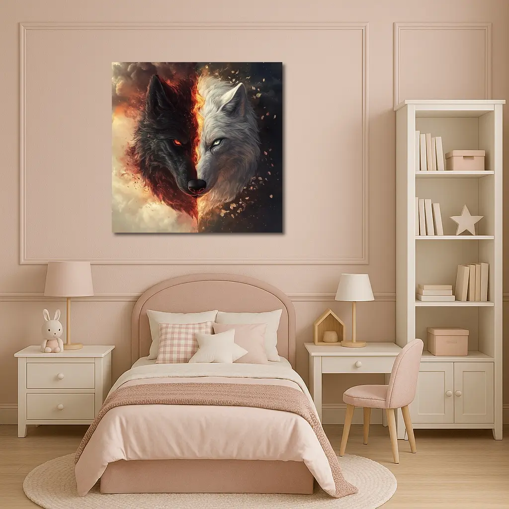 Dark And Light Wolf Fire Fantasy Art – Wall Art
