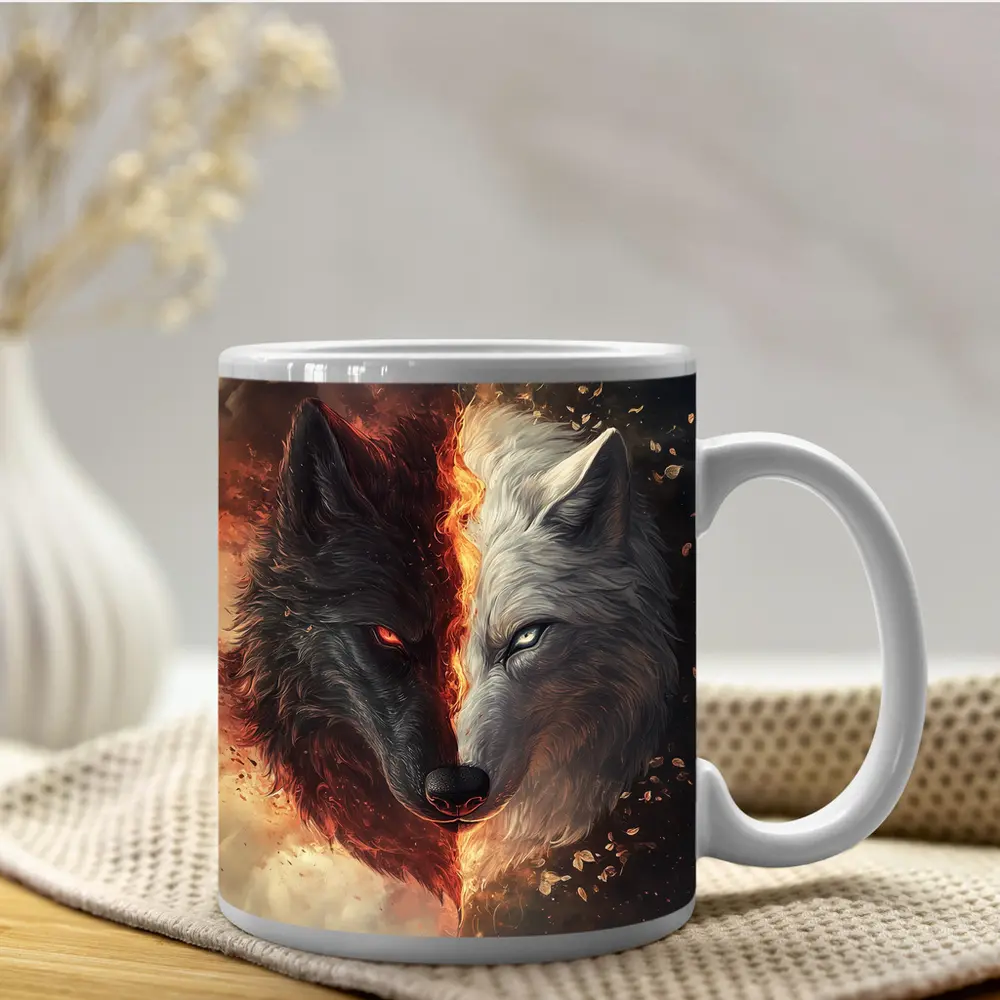 Dark And Light Wolf Fire Fantasy Art – Mugs
