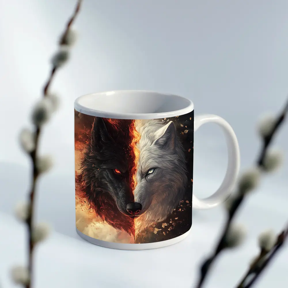 Dark And Light Wolf Fire Fantasy Art – Mugs