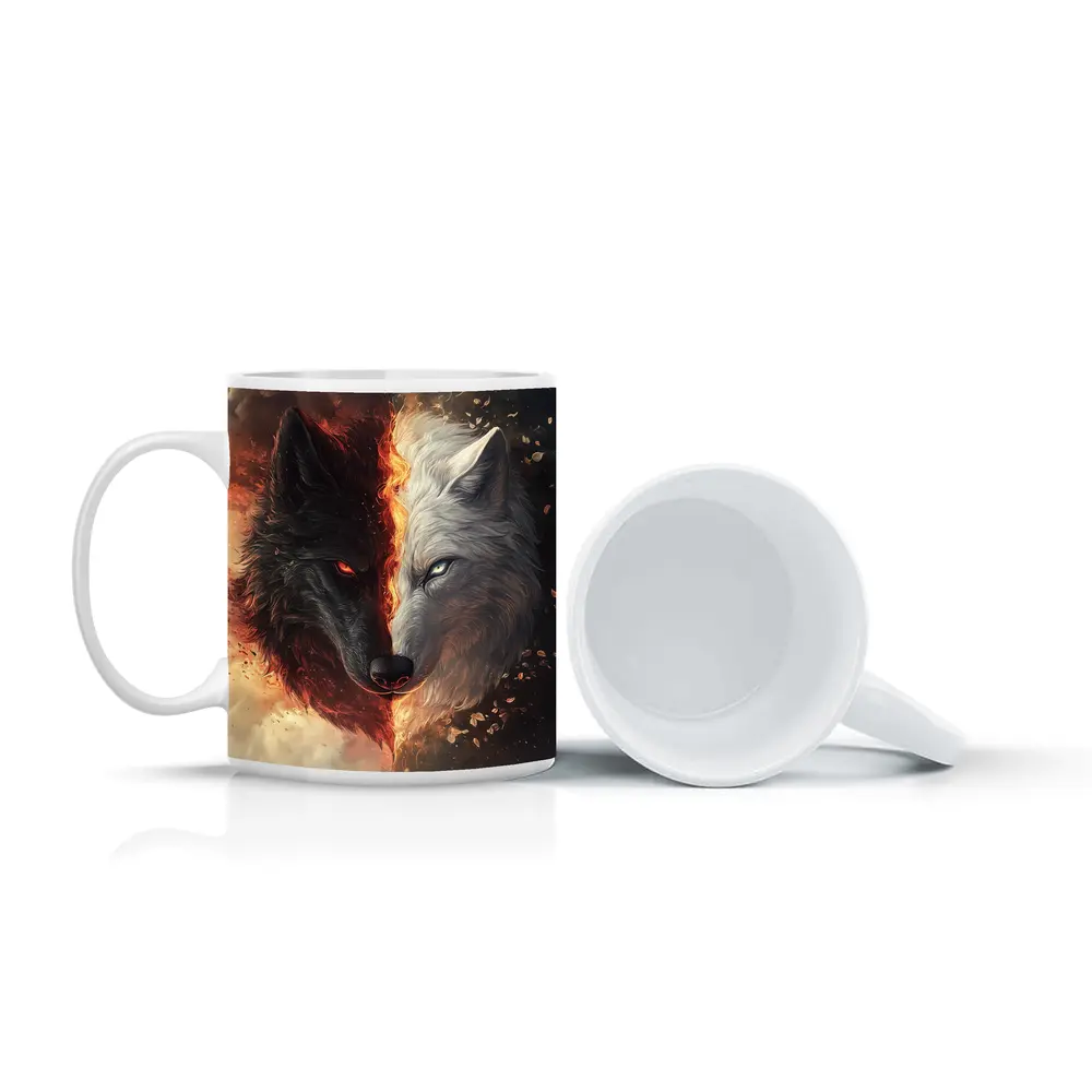 Dark And Light Wolf Fire Fantasy Art – Mugs