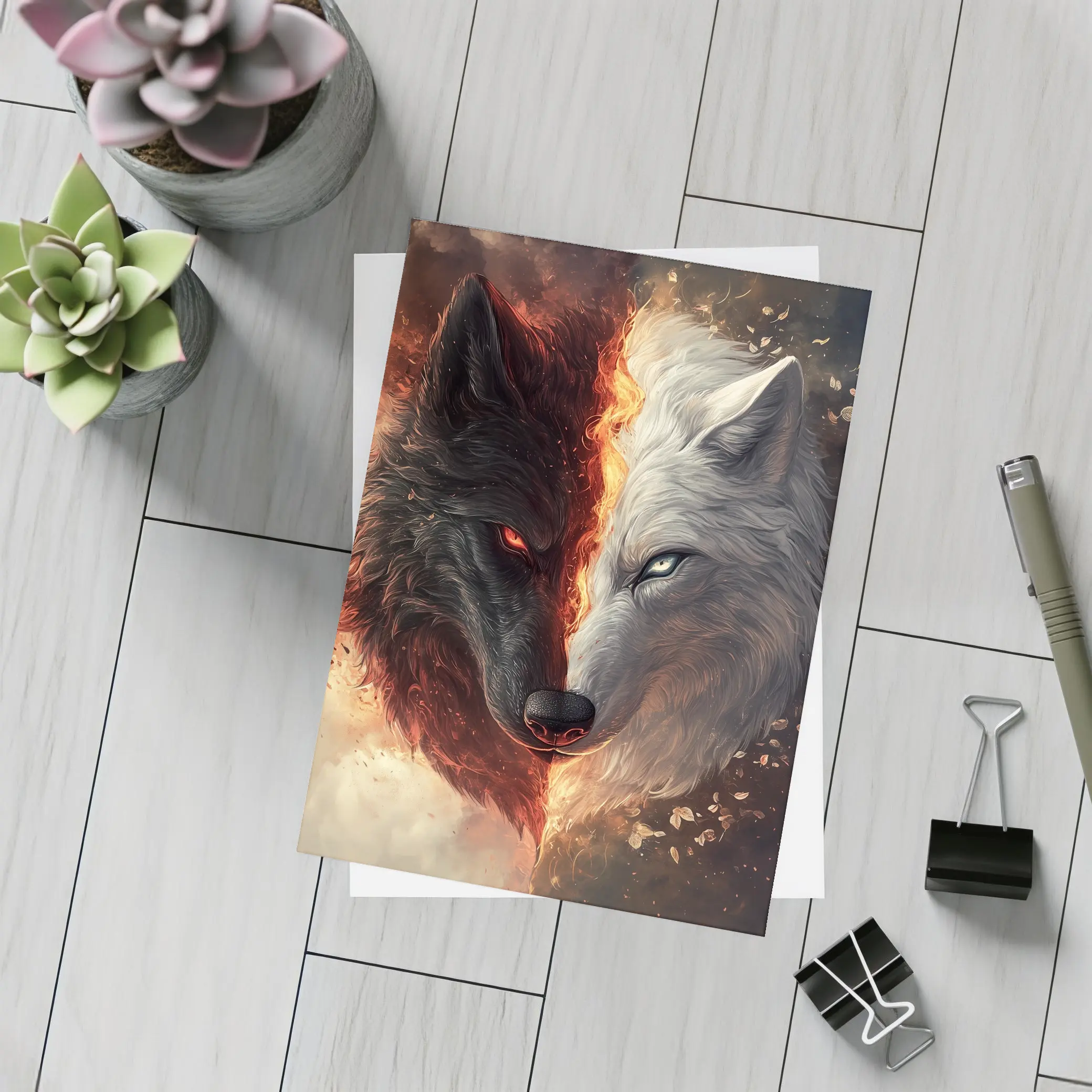 Dark And Light Wolf Fire Fantasy Art – Postcards
