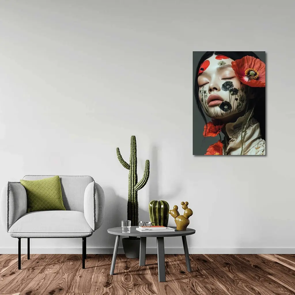 Woman Face Poppy Flowers Botanical Art – Wall Art
