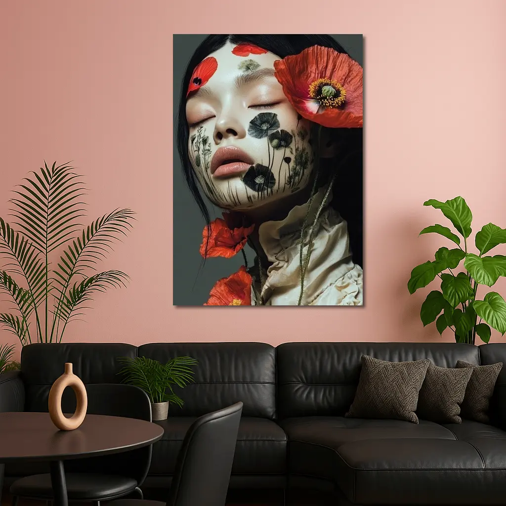Woman Face Poppy Flowers Botanical Art – Wall Art