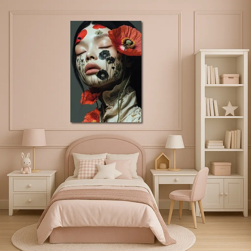 Woman Face Poppy Flowers Botanical Art – Wall Art