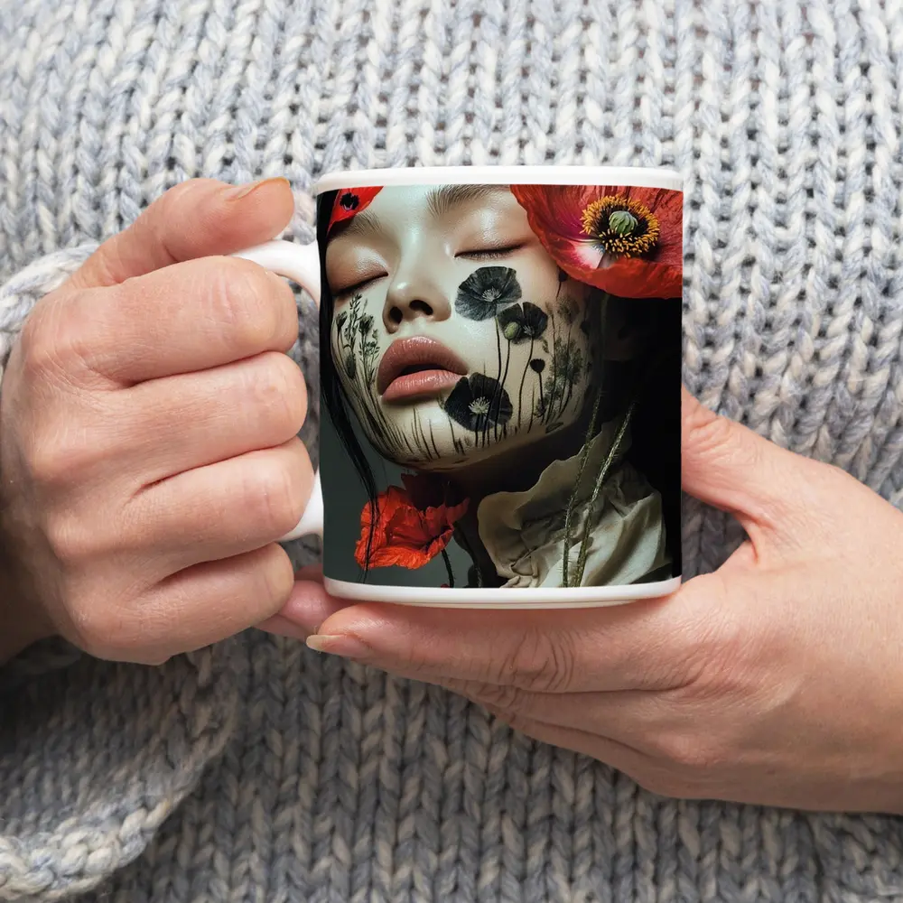Woman Face Poppy Flowers Botanical Art – Mugs