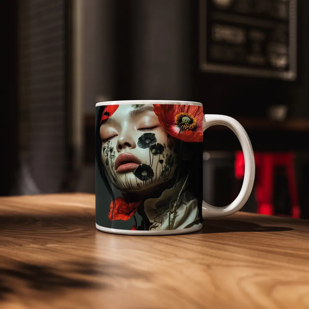 Woman Face Poppy Flowers Botanical Art – Mugs
