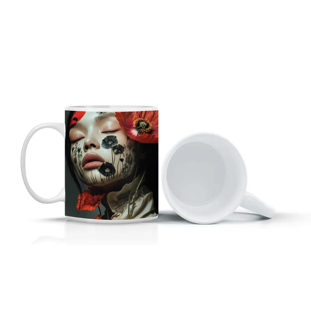 Woman Face Poppy Flowers Botanical Art – Mugs