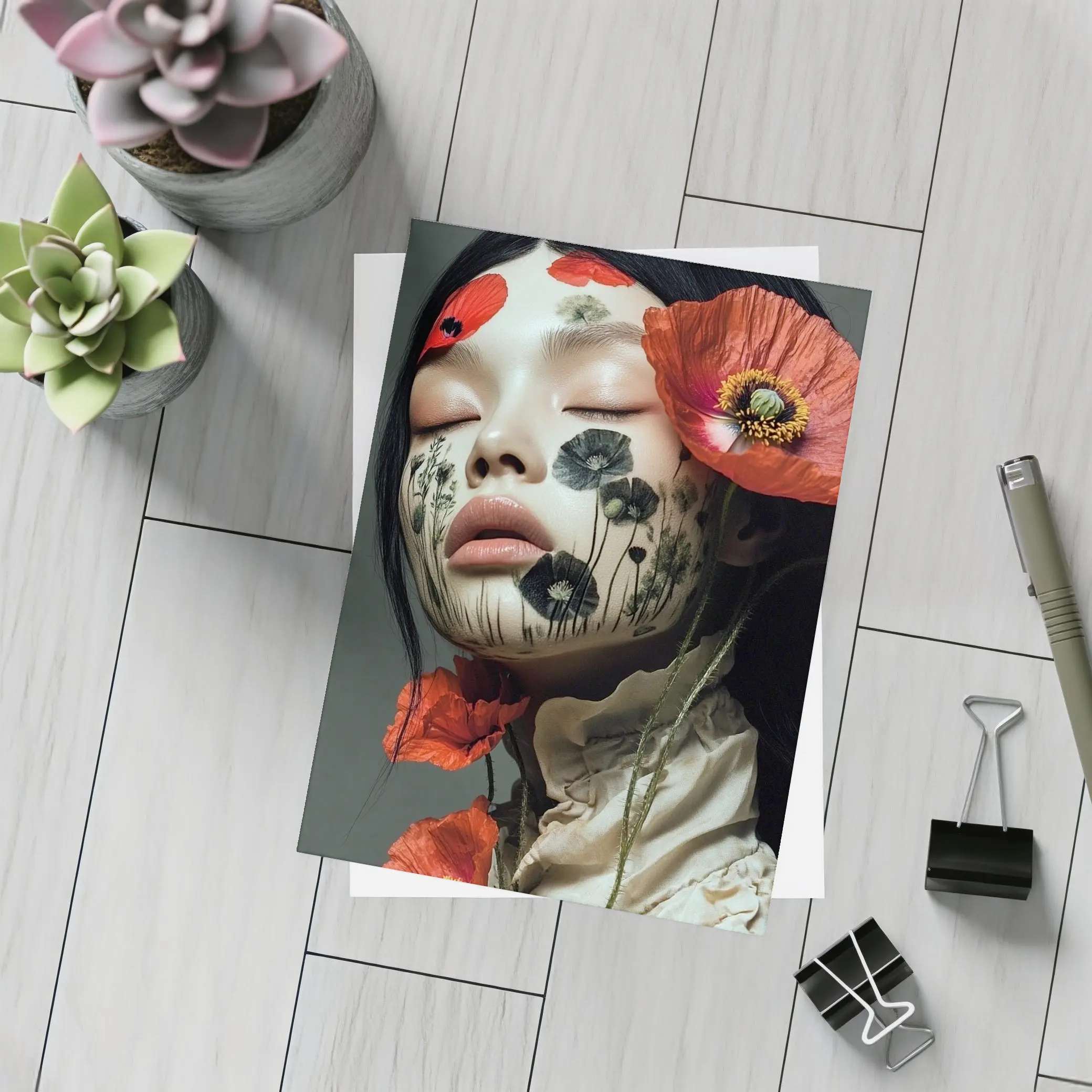 Woman Face Poppy Flowers Botanical Art – Postcards