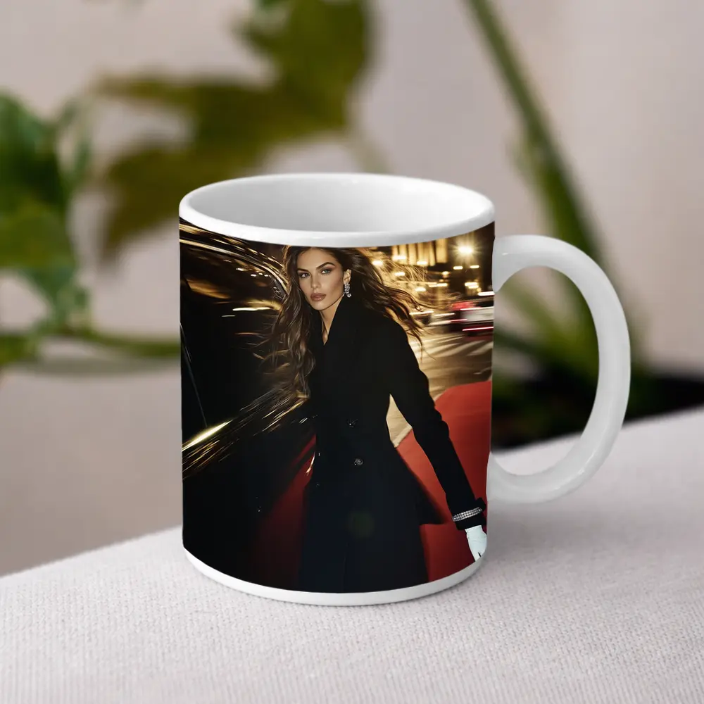 Elegant Woman Night City Street Scene – Mugs