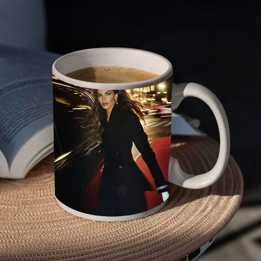 Elegant Woman Night City Street Scene – Mugs