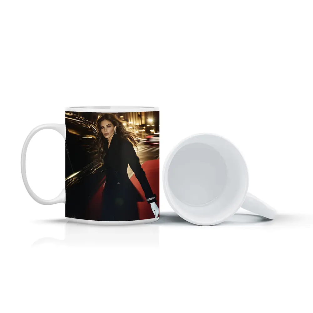 Elegant Woman Night City Street Scene – Mugs