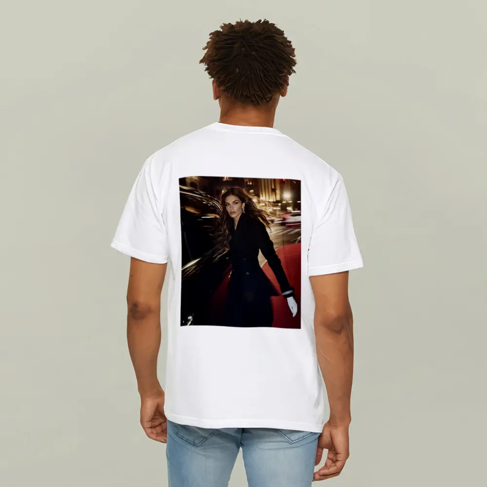 Elegant Woman Night City Street Scene – T-Shirts
