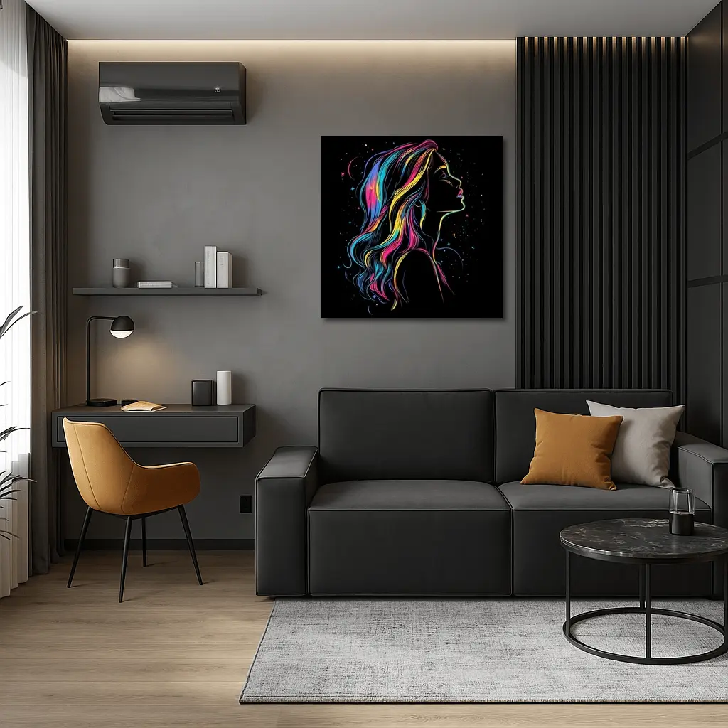 Neon Rainbow Hair Woman Black Background – Wall Art