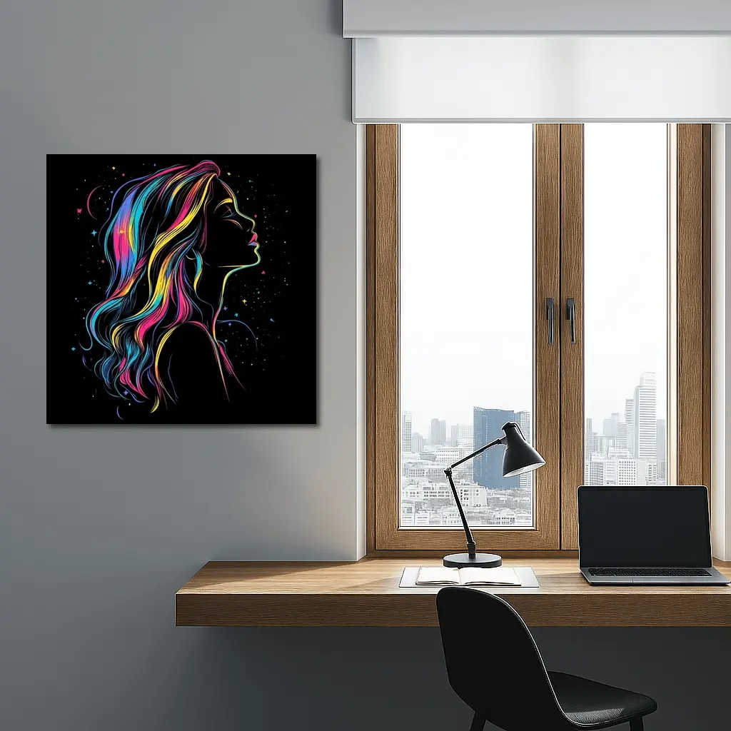 Neon Rainbow Hair Woman Black Background – Wall Art