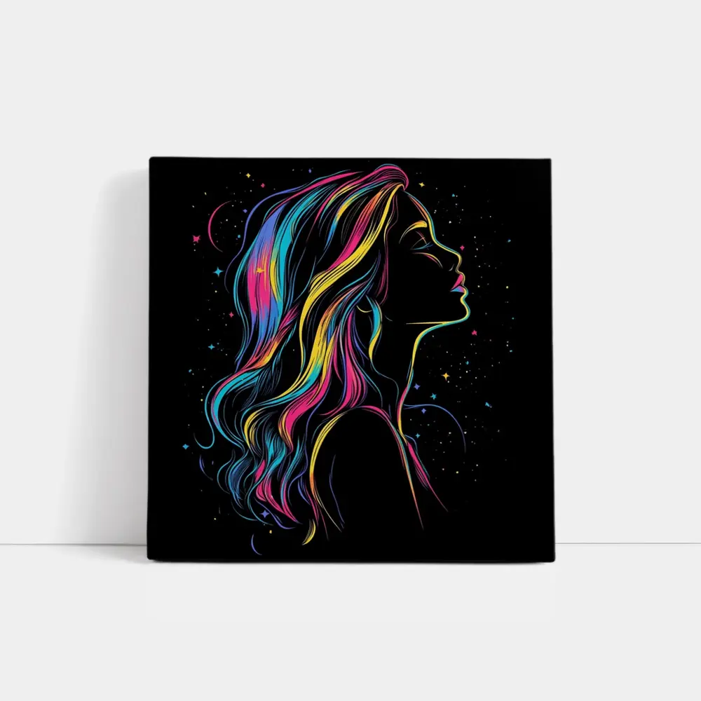 Neon Rainbow Hair Woman Black Background – Wall Art