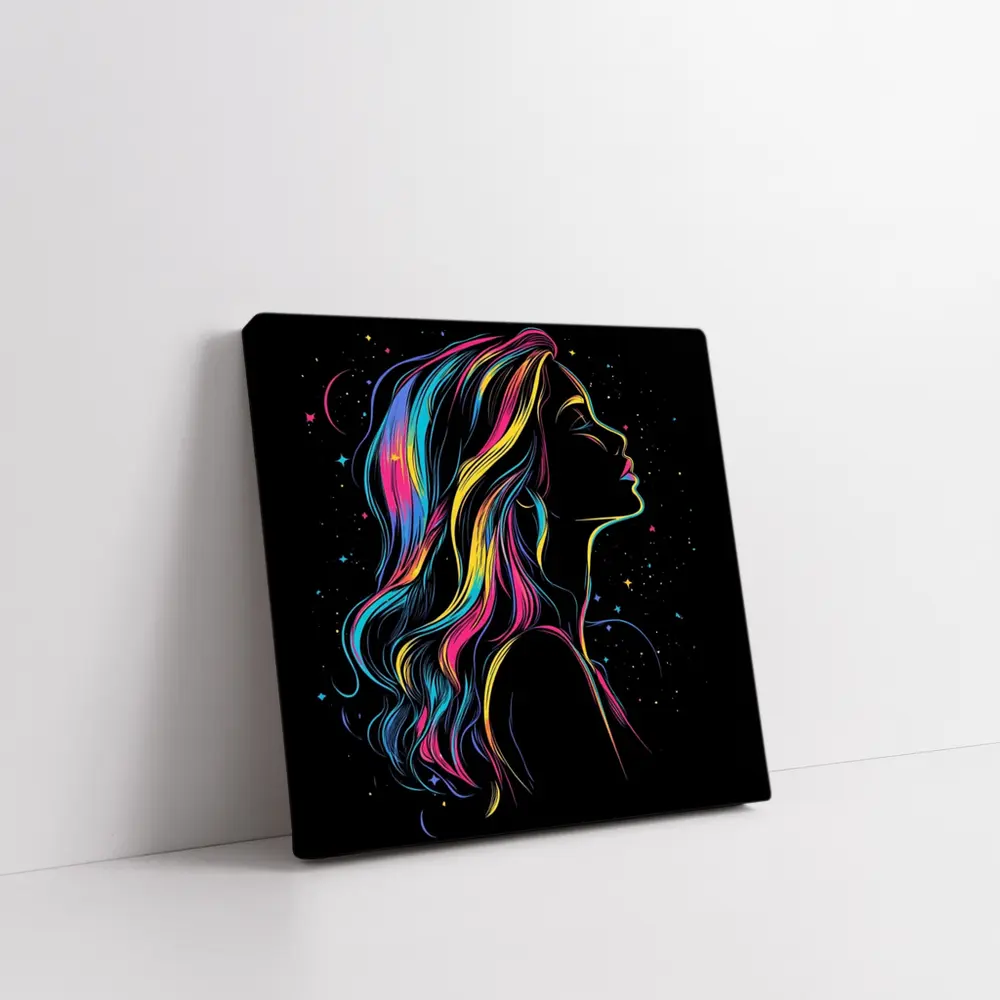 Neon Rainbow Hair Woman Black Background – Wall Art