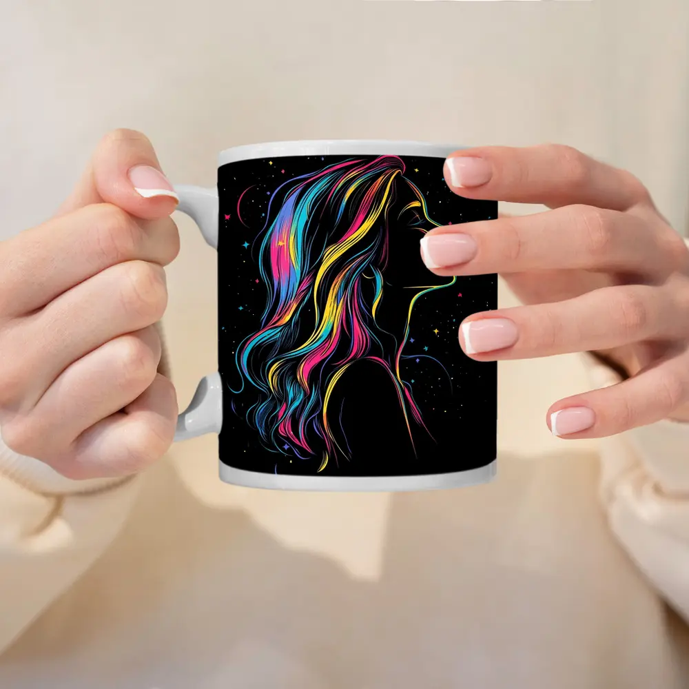 Neon Rainbow Hair Woman Black Background – Mugs