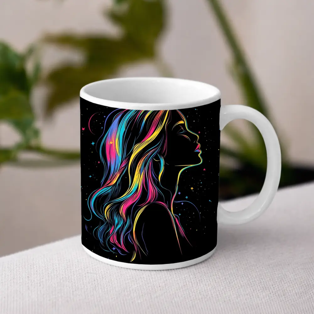 Neon Rainbow Hair Woman Black Background – Mugs