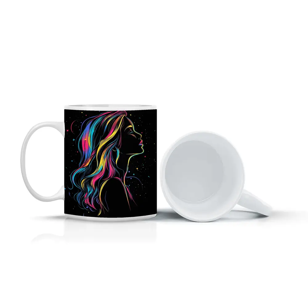 Neon Rainbow Hair Woman Black Background – Mugs