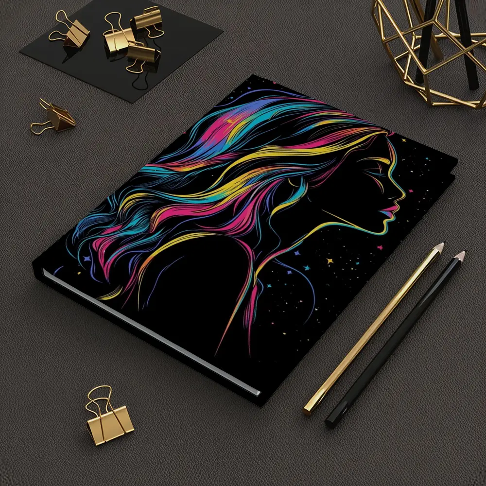 Neon Rainbow Hair Woman Black Background – Notebooks