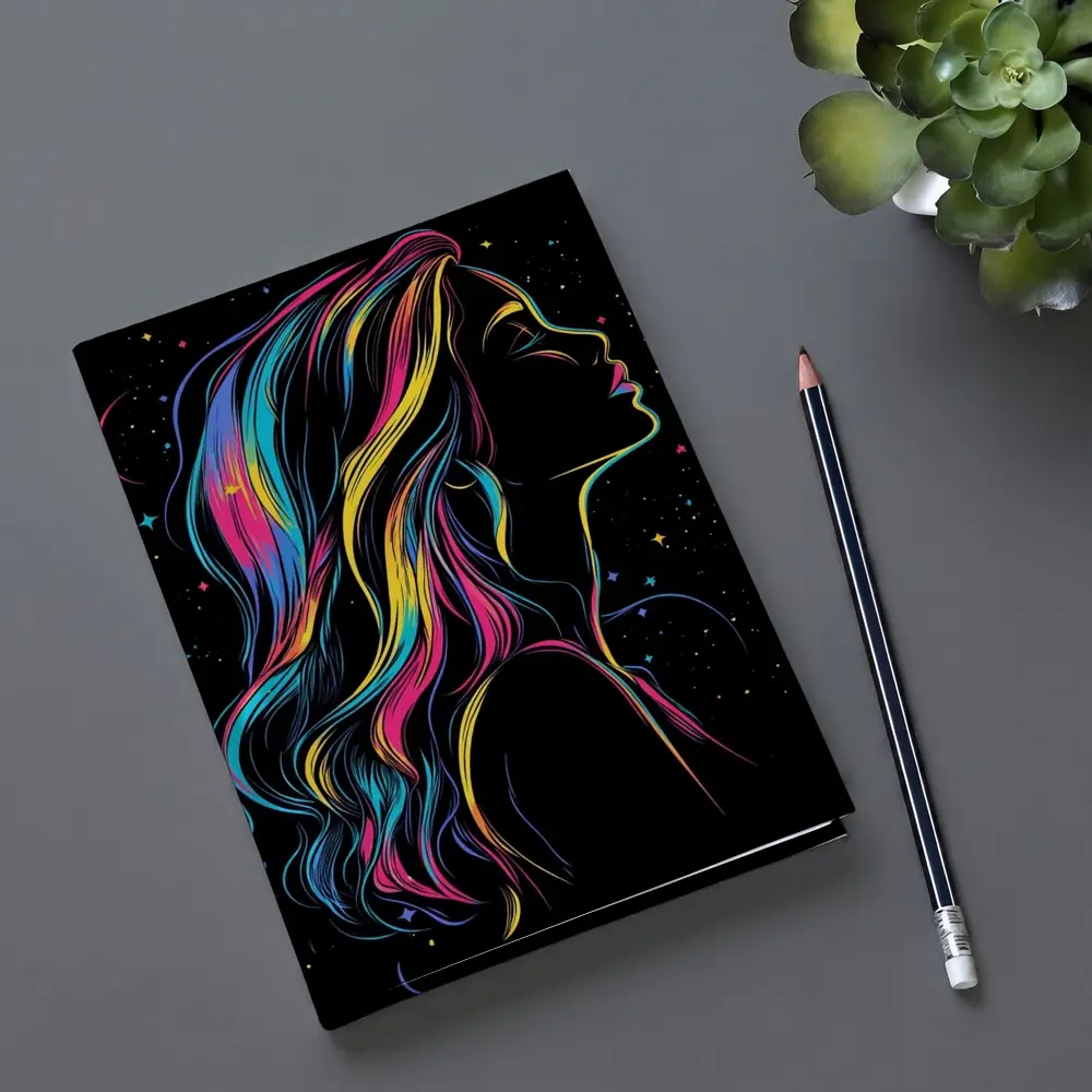 Neon Rainbow Hair Woman Black Background – Notebooks