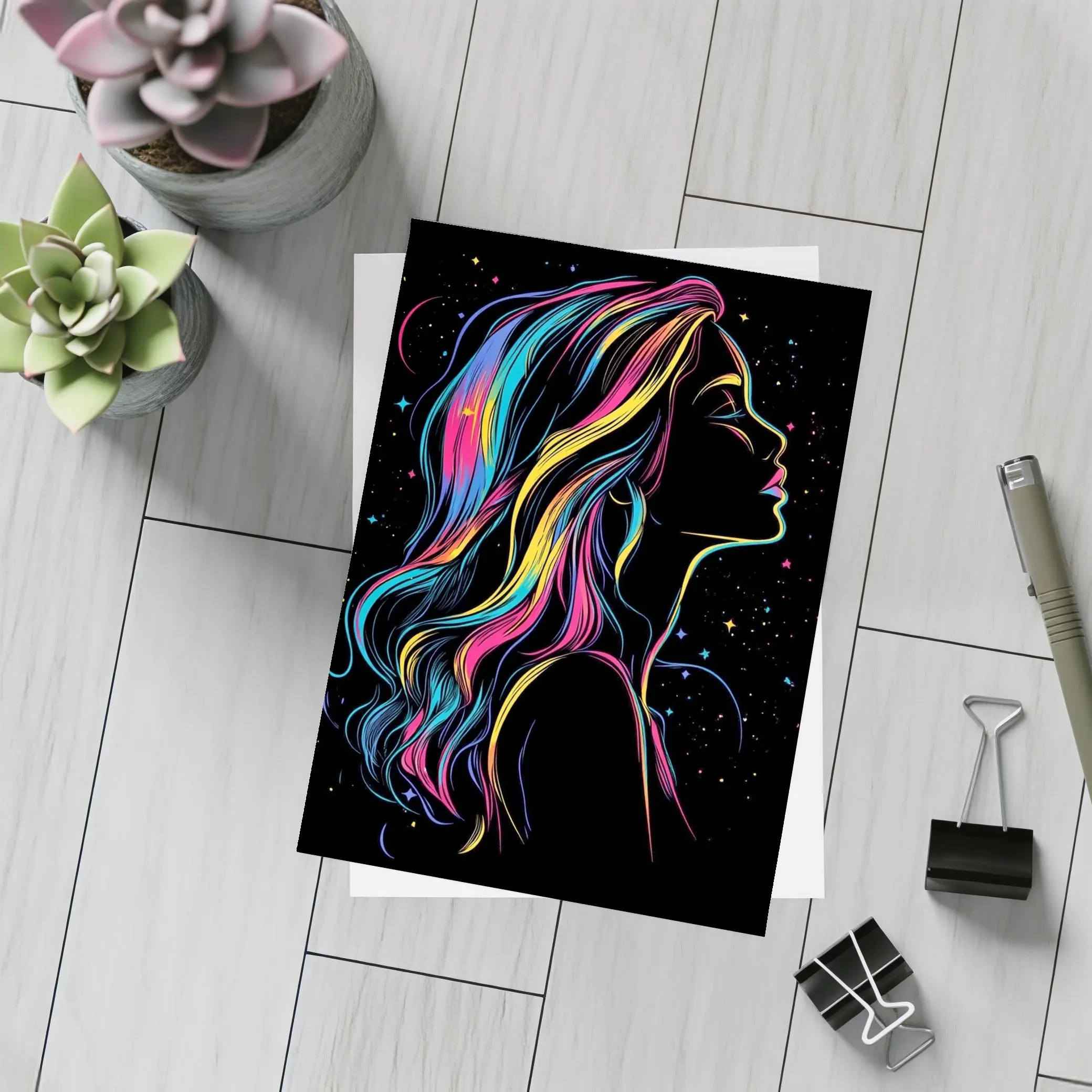 Neon Rainbow Hair Woman Black Background – Postcards