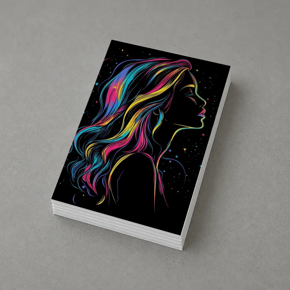 Neon Rainbow Hair Woman Black Background – Postcards
