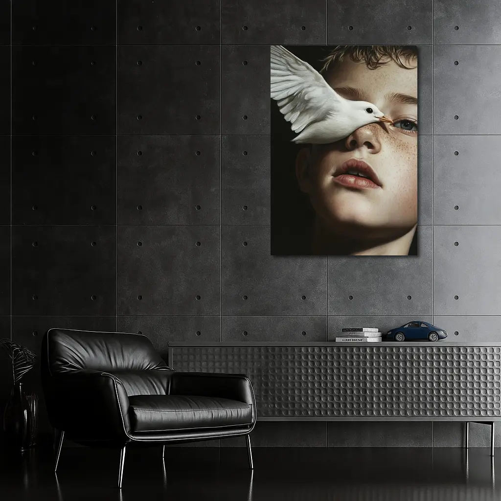 Boy With White Dove Dark Background – Wall Art