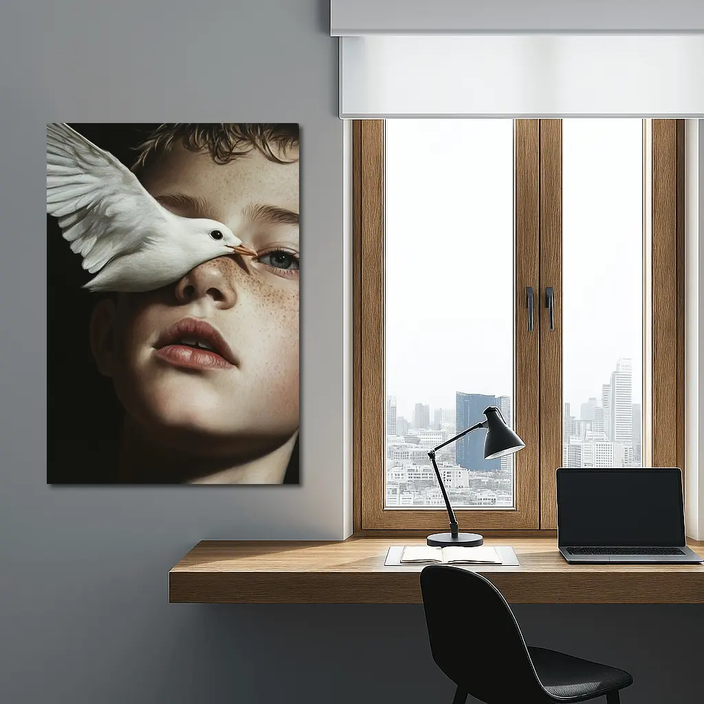 Boy With White Dove Dark Background – Wall Art