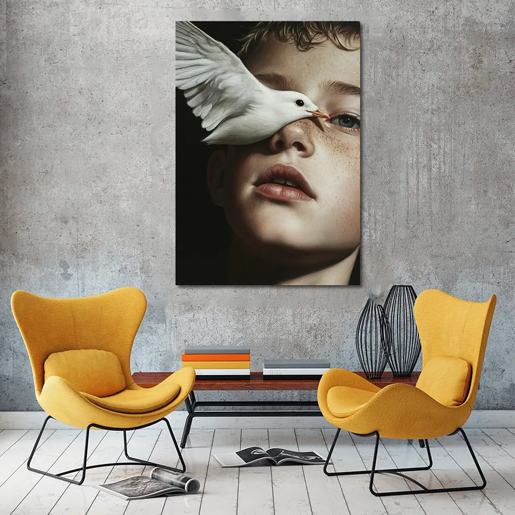 Boy With White Dove Dark Background – Wall Art