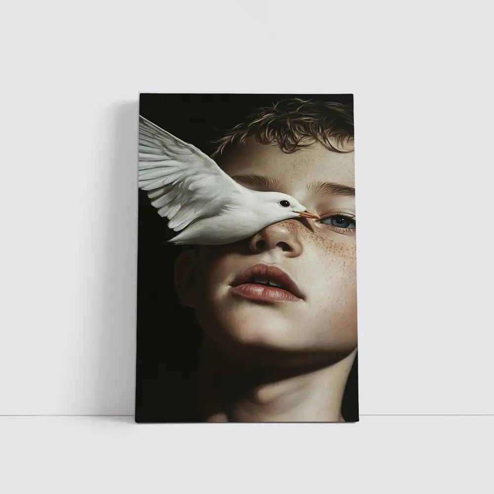 Boy With White Dove Dark Background – Wall Art