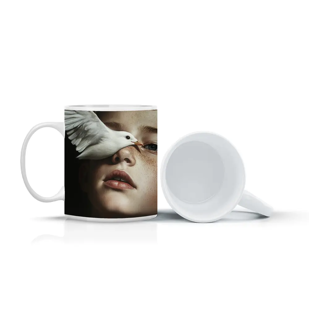 Boy With White Dove Dark Background – Mugs