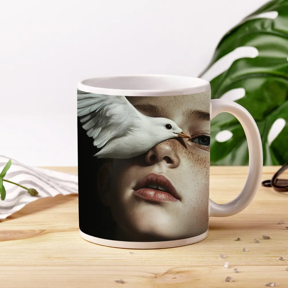 Boy With White Dove Dark Background – Mugs