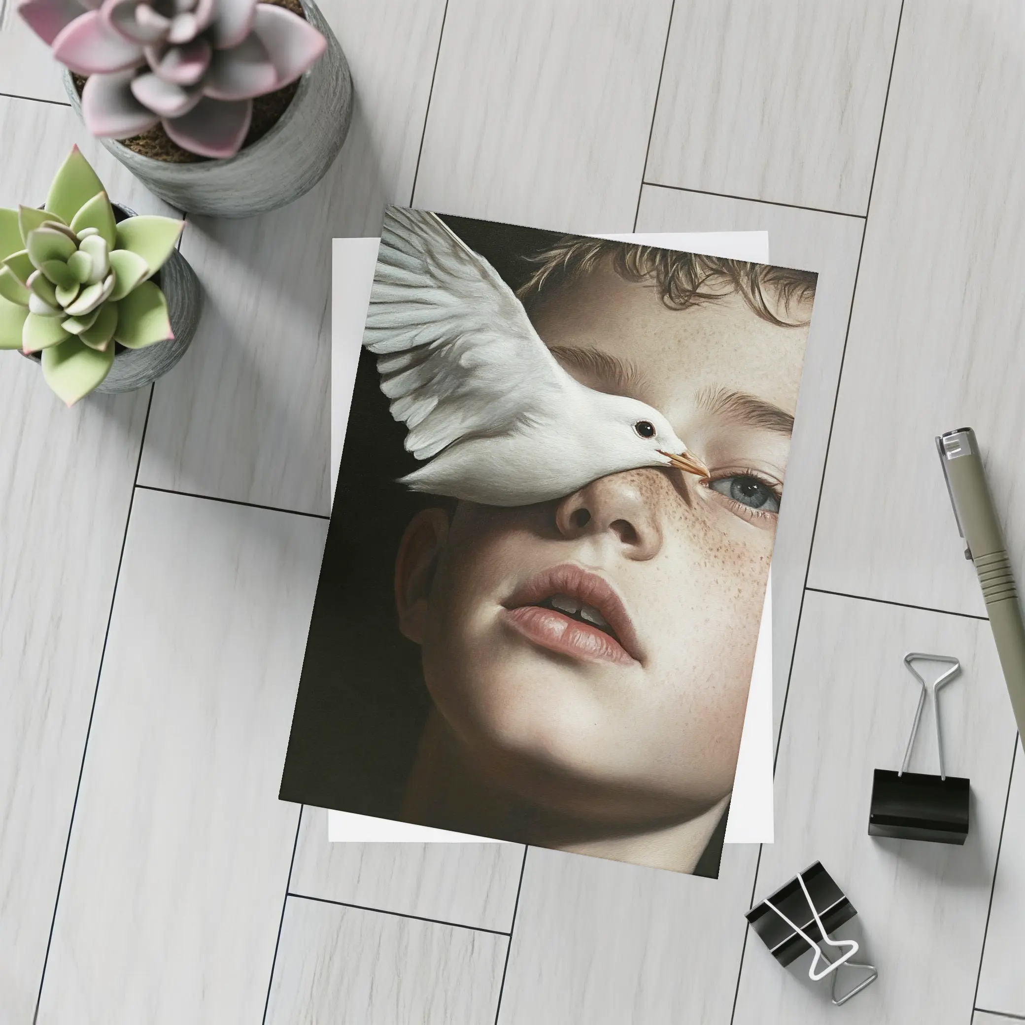 Boy With White Dove Dark Background – Postcards