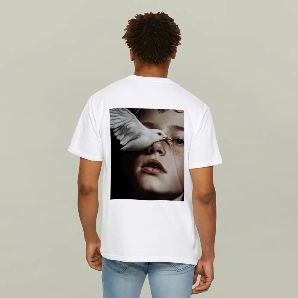 Boy With White Dove Dark Background – T-Shirts