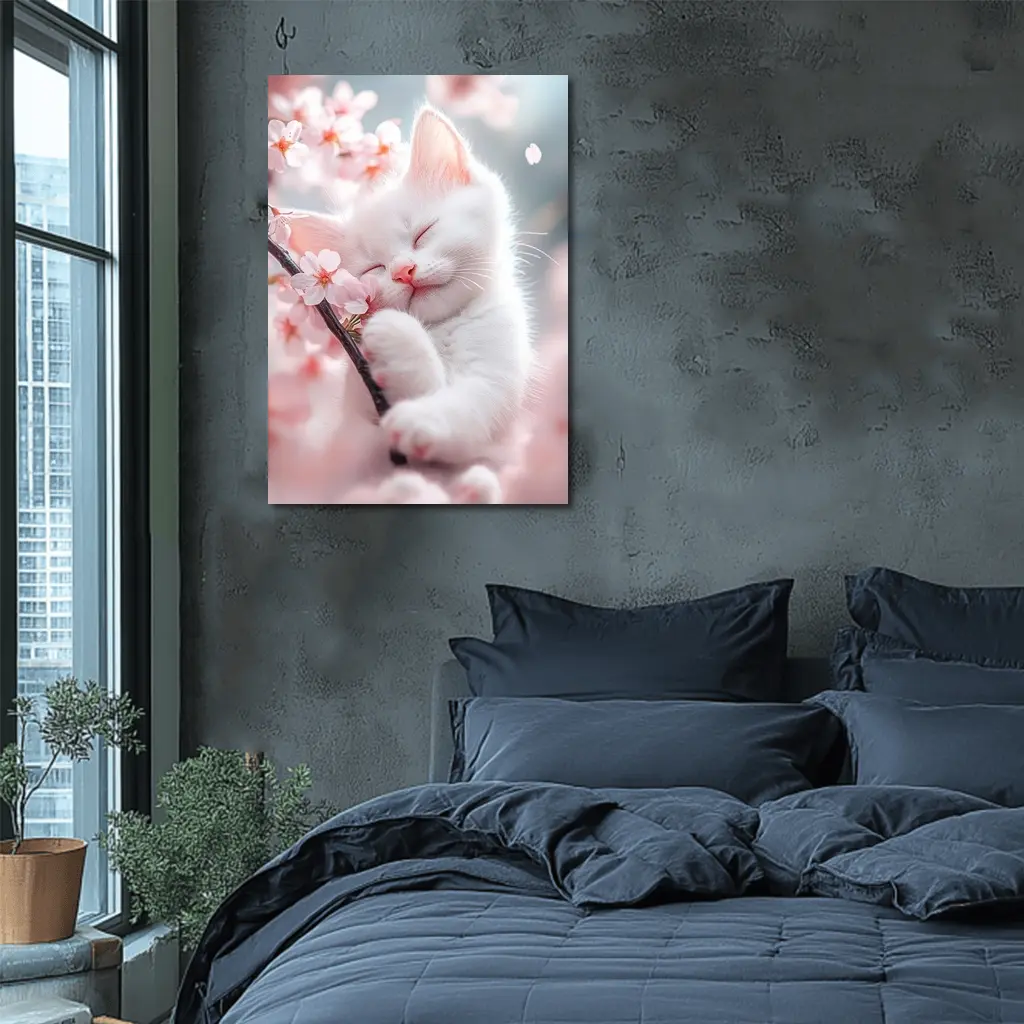White Kitten Sleeping Among Cherry Blossoms – Wall Art