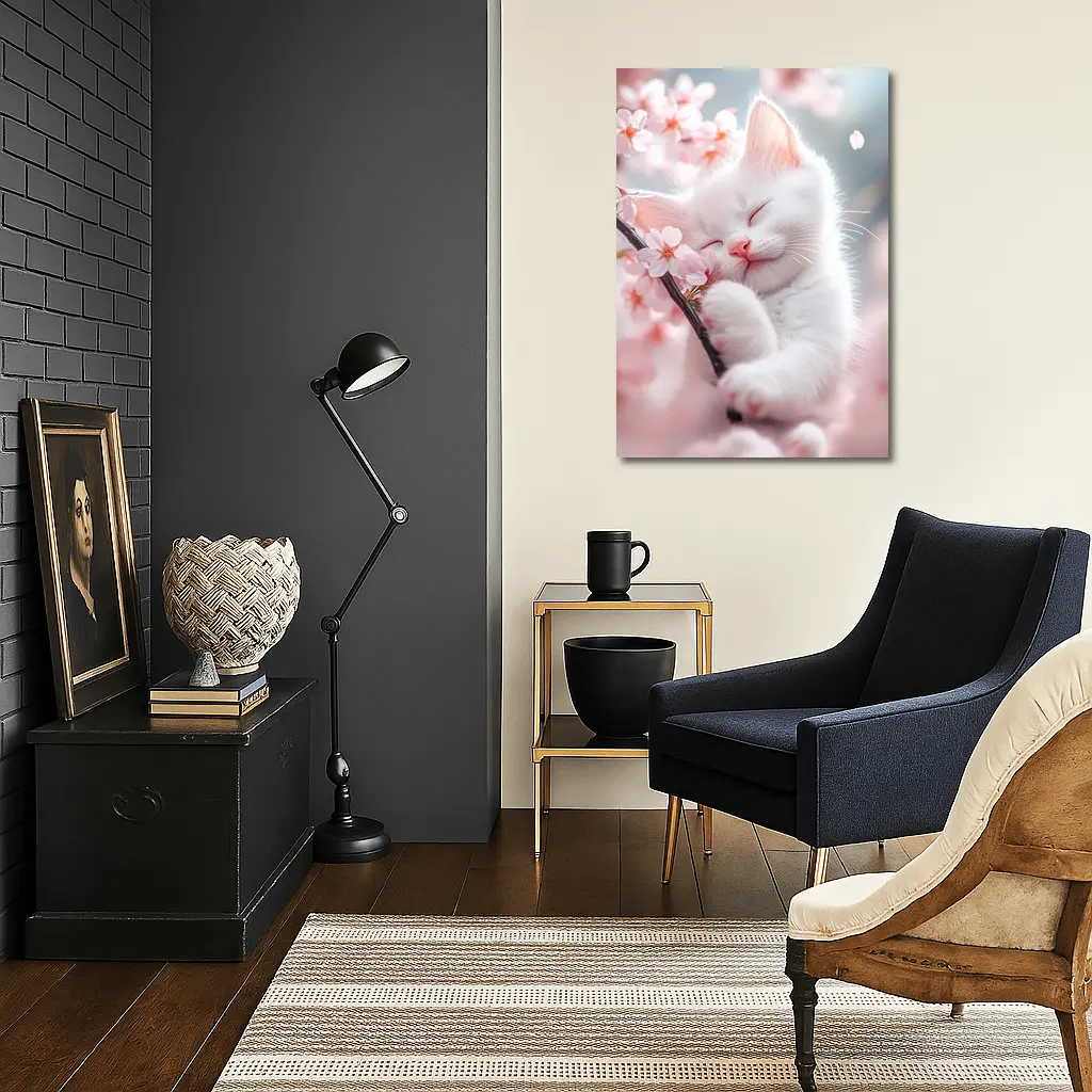 White Kitten Sleeping Among Cherry Blossoms – Wall Art
