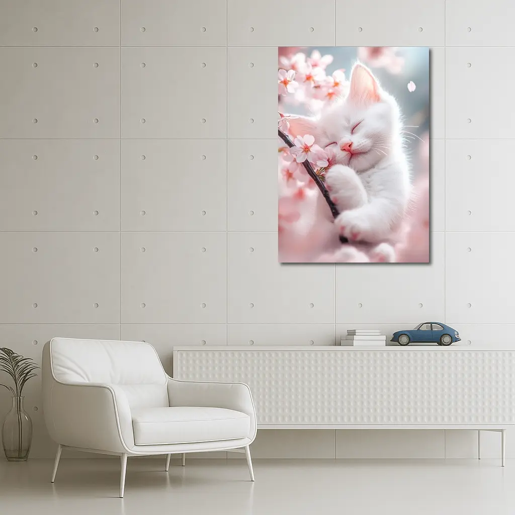 White Kitten Sleeping Among Cherry Blossoms – Wall Art