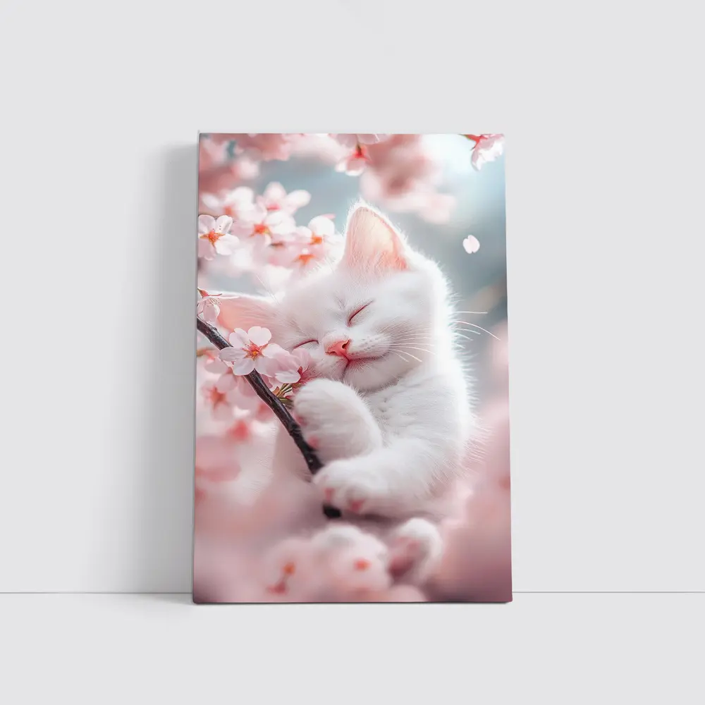 White Kitten Sleeping Among Cherry Blossoms – Wall Art