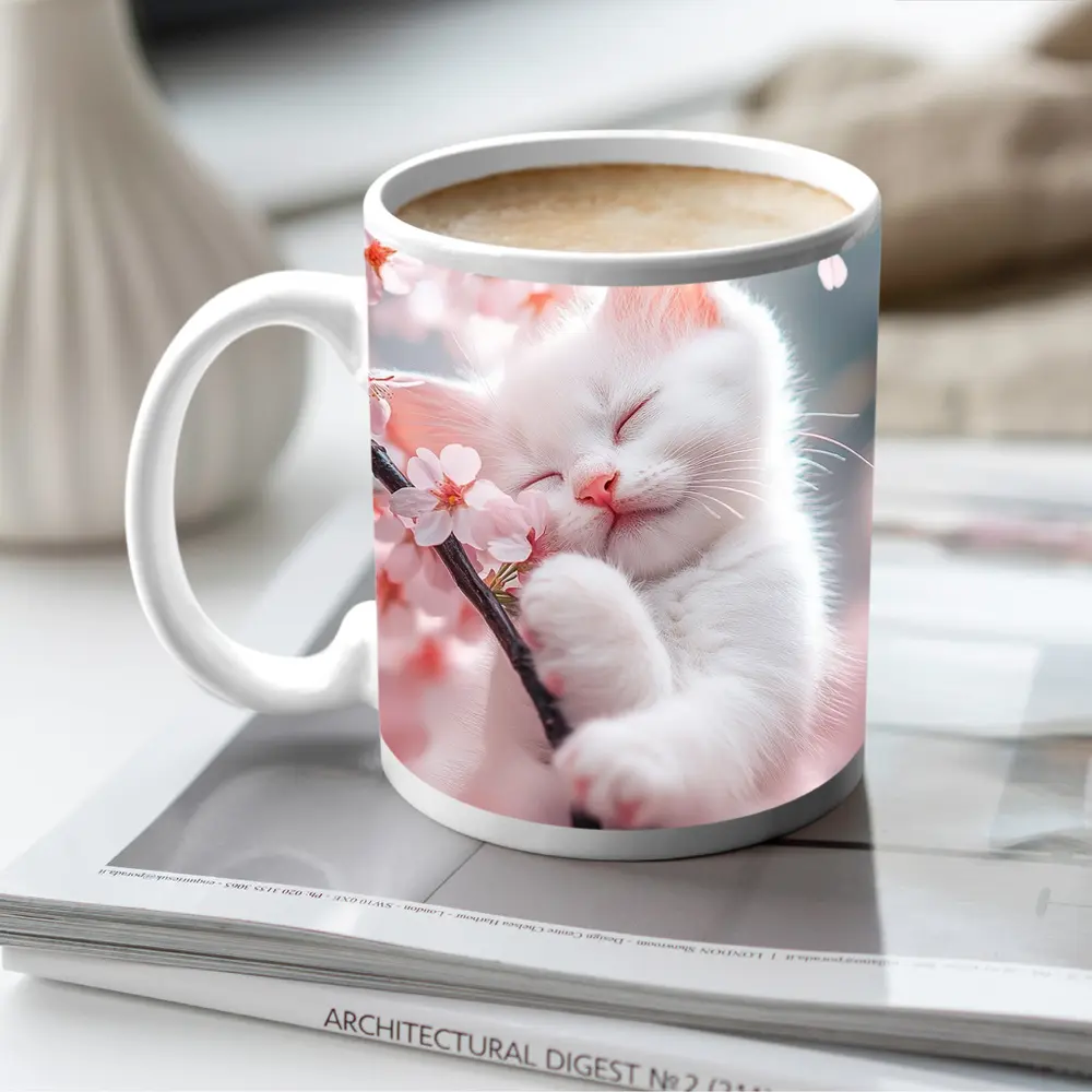 White Kitten Sleeping Among Cherry Blossoms – Mugs