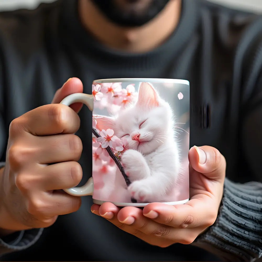 White Kitten Sleeping Among Cherry Blossoms – Mugs