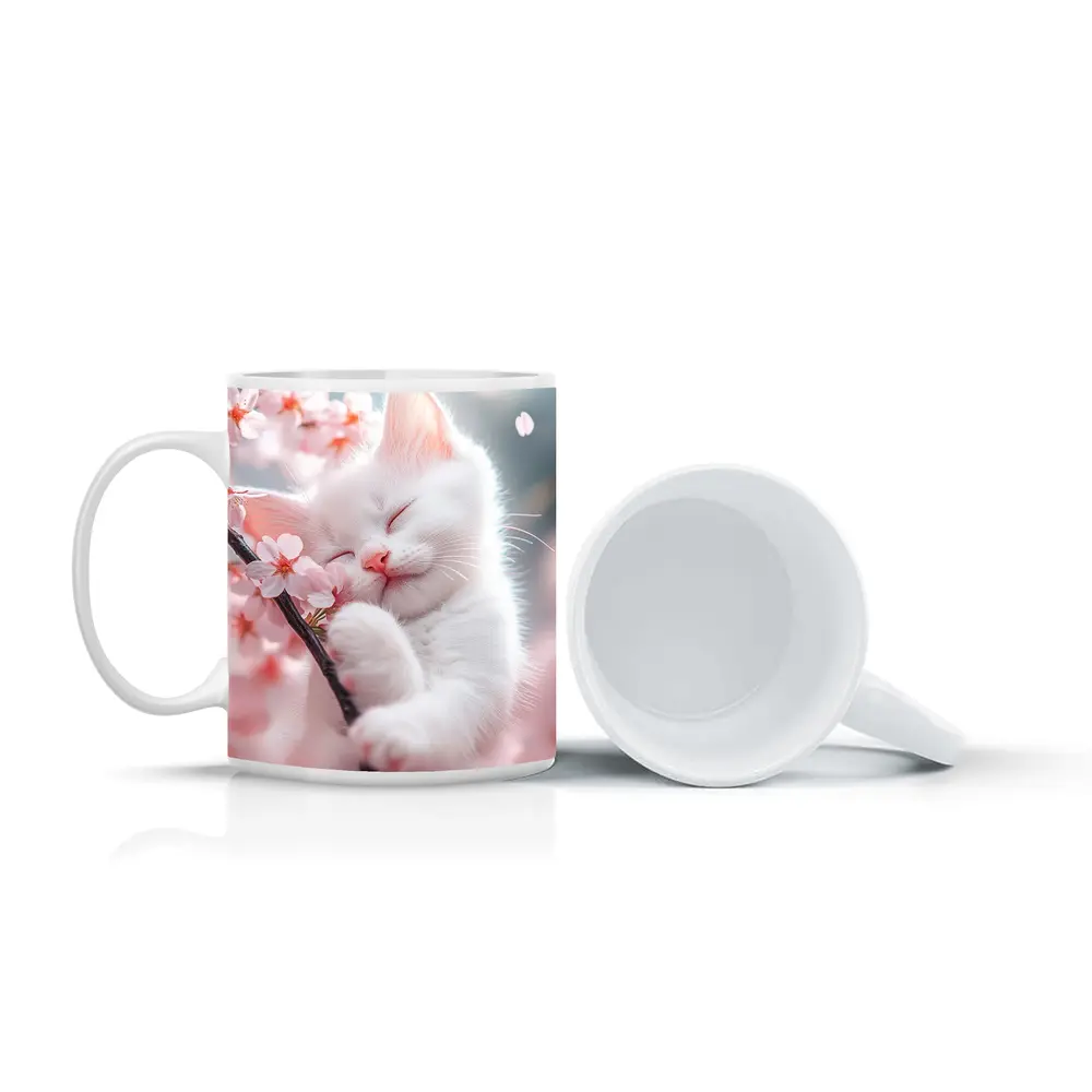 White Kitten Sleeping Among Cherry Blossoms – Mugs